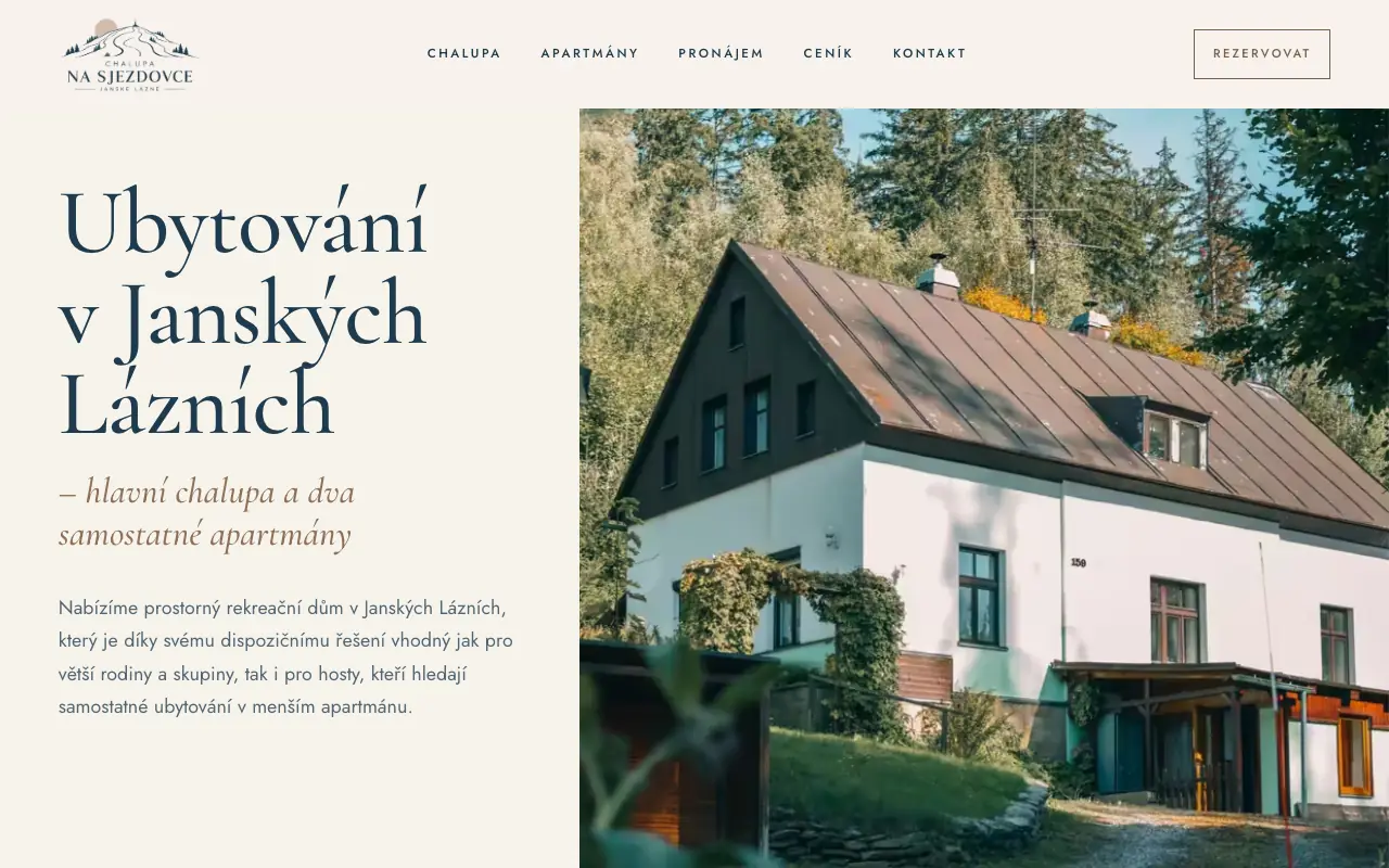 Úvodní obrazovka webu Chalupa Na Sjezdovce