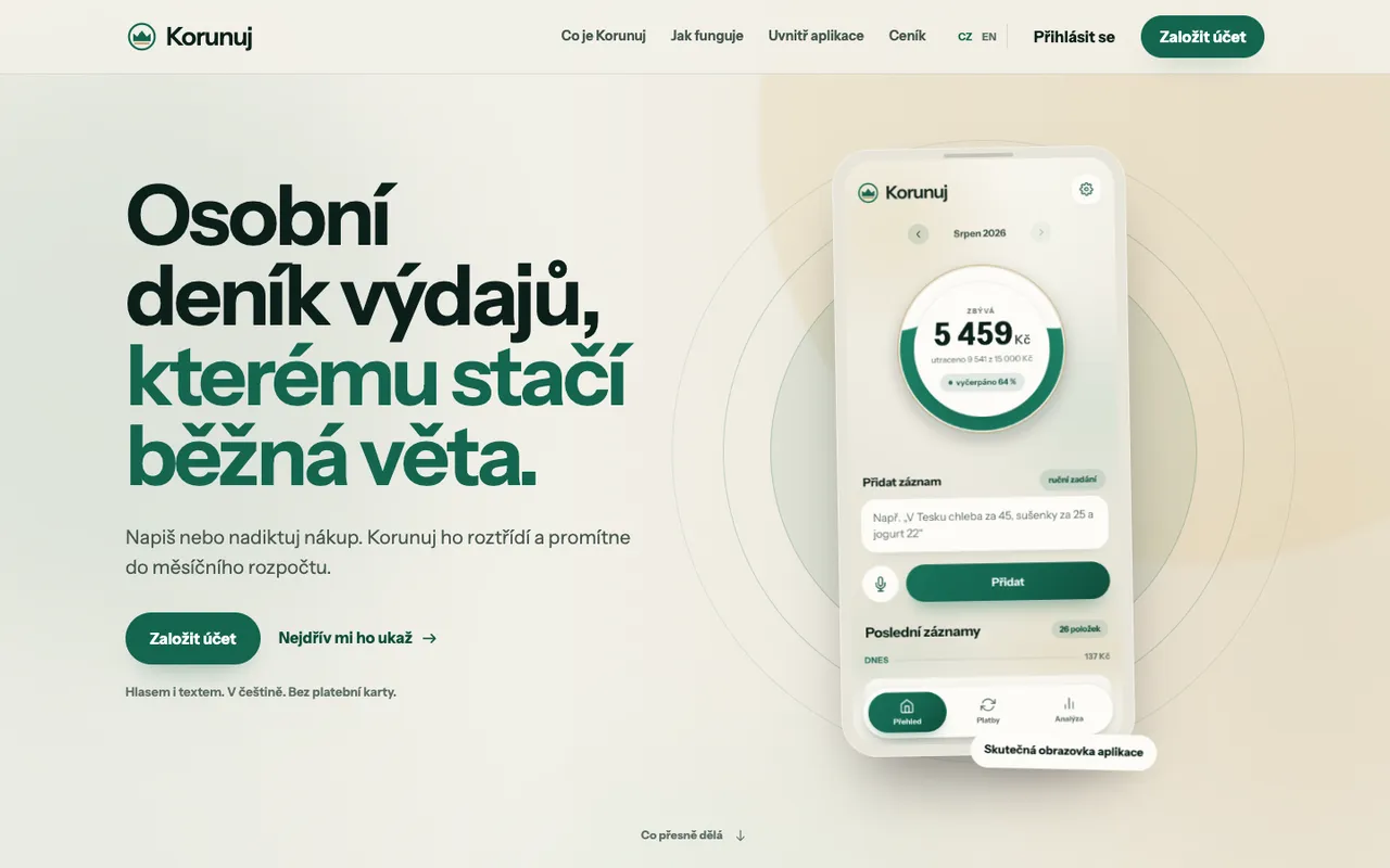 Úvodní obrazovka aplikace Korunuj